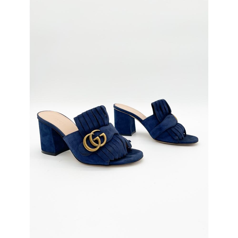 Gucci Marmont Blue Suede Kiltie Fringe Block Heel Slide Mule Sandals Heels IT 36